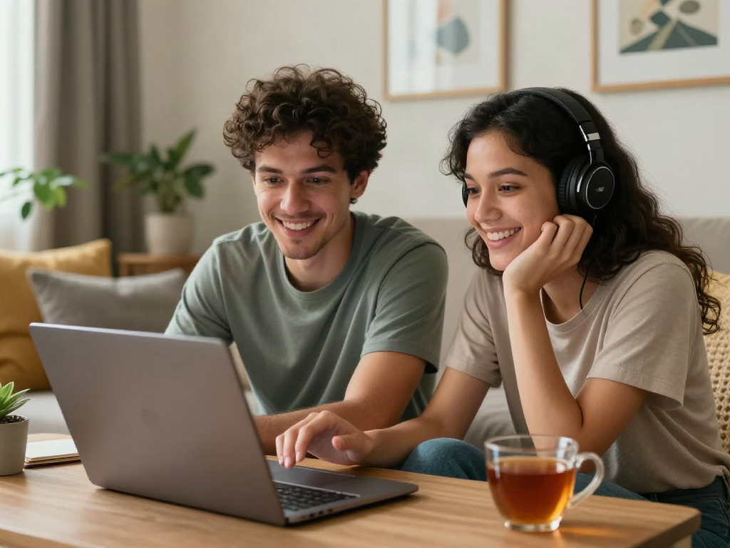 Engaging video chat scene highlighting the essence of sex chat ai interactions with cozy home settings and warm lighting.