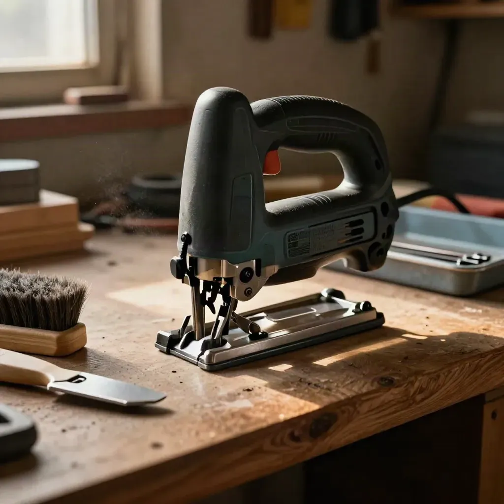 Jigsaw serviced on a warm workshop bench with brush, cloth, and spare blades.