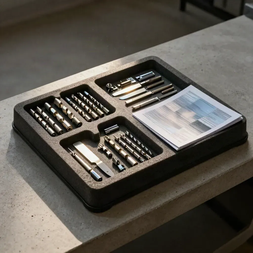 Foam tray of drill bits, blades and fixings sorted for dispatch on a concrete bench.