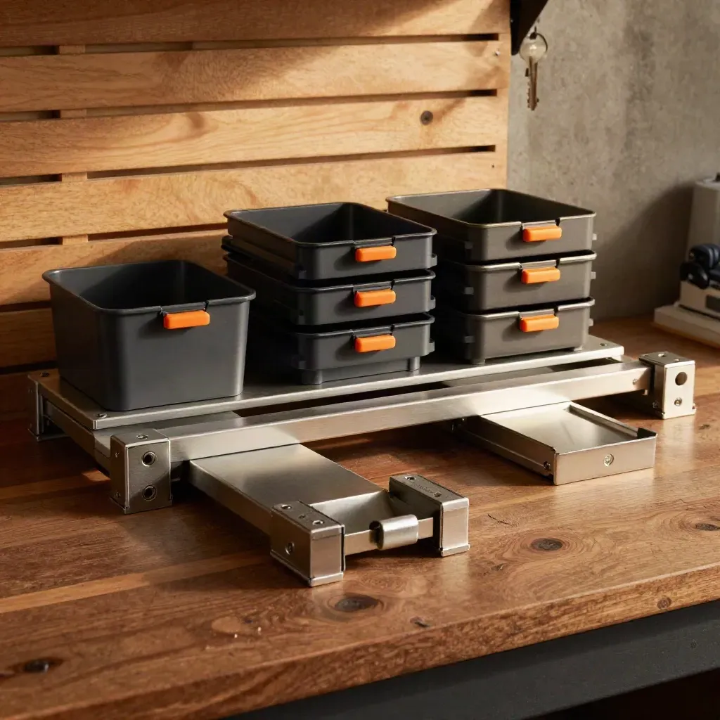 Modular rail hooks, charger docks, bins and clamps on a walnut workbench in dramatic light