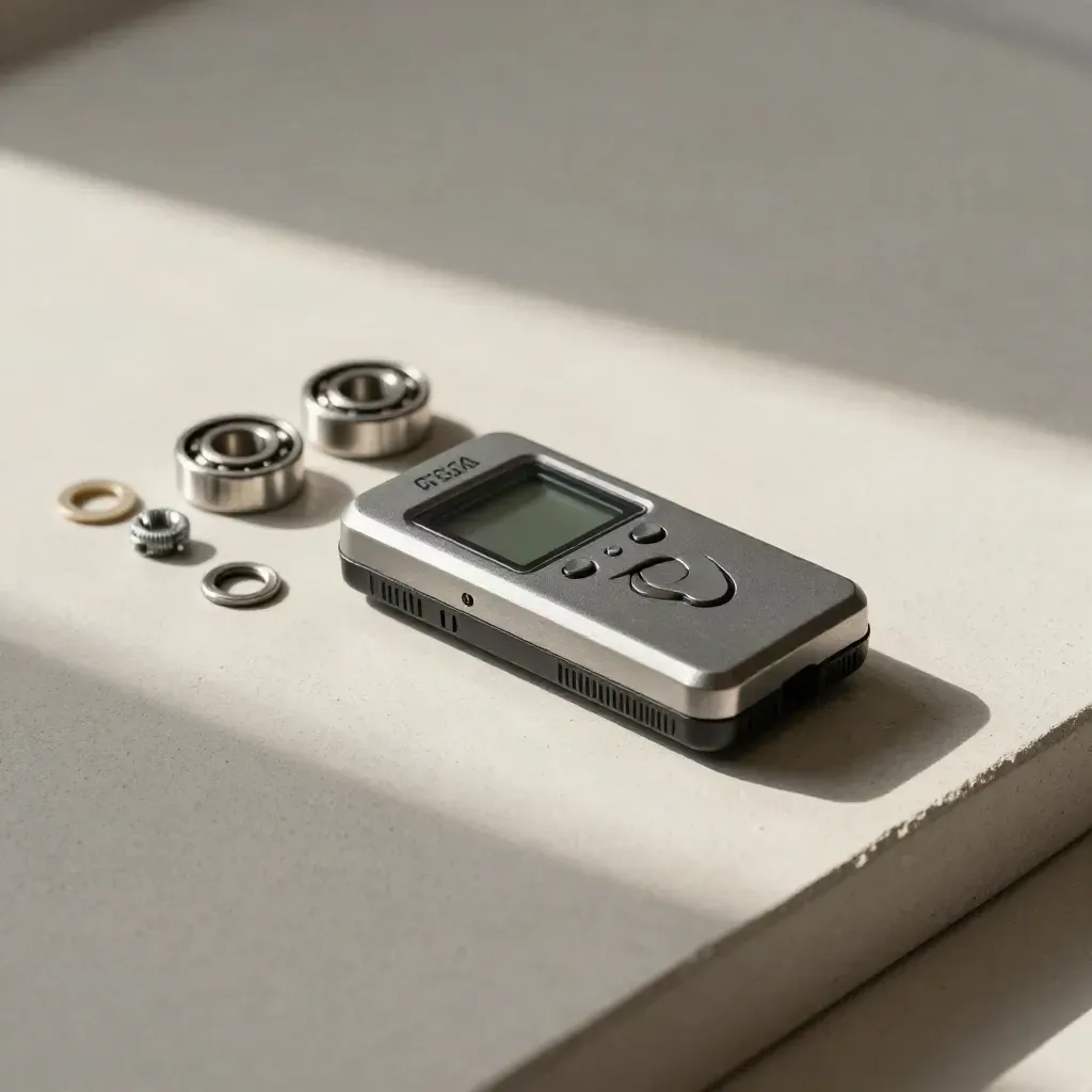 Battery tester with bearings and service parts on a pale plaster surface for a repair quote.