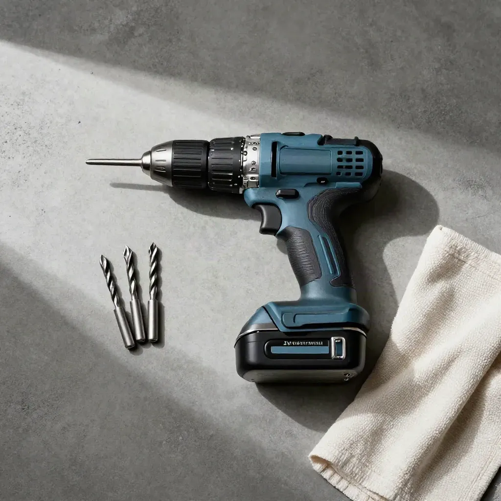 Top-down drill service flatlay with battery, bit set and dust cloth on concrete.